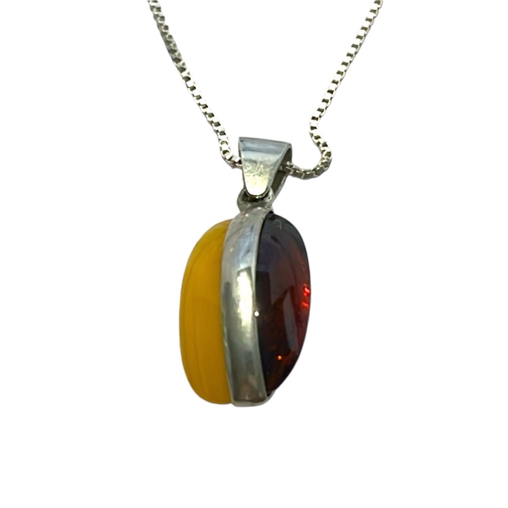 925 Egg Yolk & Gold Baltic Amber Duel Sided Pendant set in SS on SS Chain